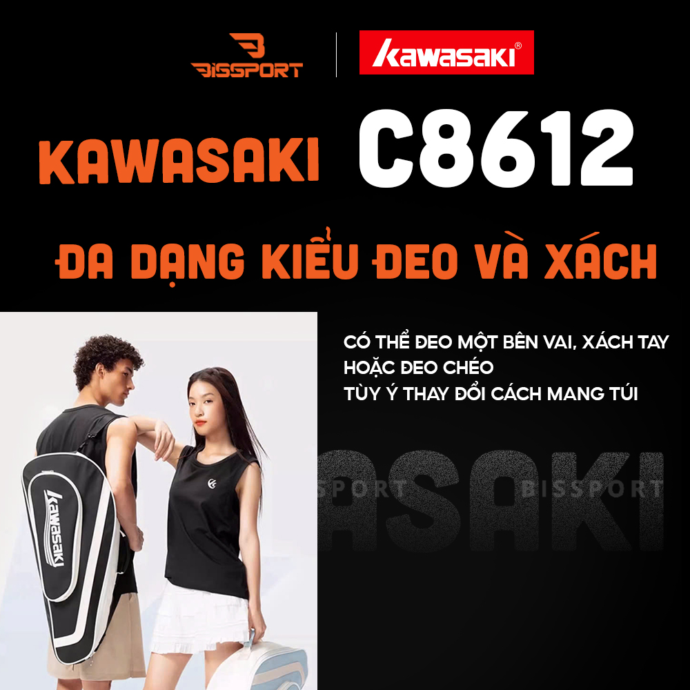 Túi Cầu Lông Kawasaki B8612 Chính Hãng - Đen - 1 Ngăn Chính 1 Phụ - Vải Chống Thấm Nước - Khóa Kéo Siêu Bền